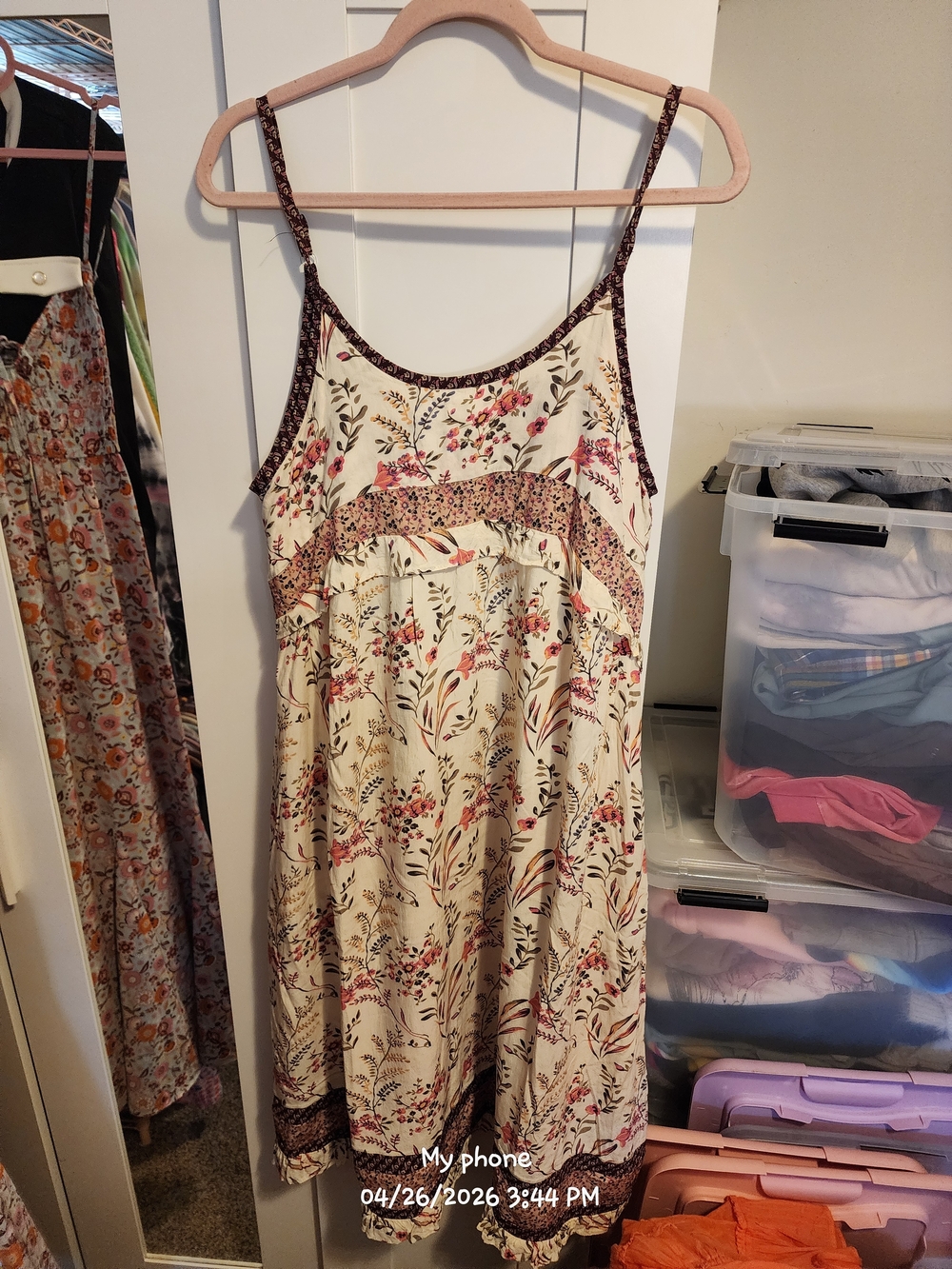 Cream Floral Midi Sundress with Pink & Brown Accents
